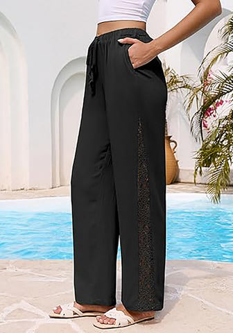 Women's Loose Wide Leg Pants with Hollow Out Side High Waisted Drawstring Elastic Casual Summer Trousers