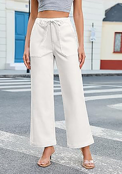 Cream White Cropped Wide Leg High Waisted Drawstring Denim Jeans For Women