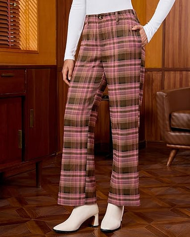 Brown & Pink Plaid Palazzo Pants Women High Waist Wide Leg Trousers with Pockets Comfort Fall Winter Vintage Office