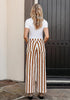 Women's Fashion High Waist Wide Leg Loose Fit Brown White Striped Denim Jeans