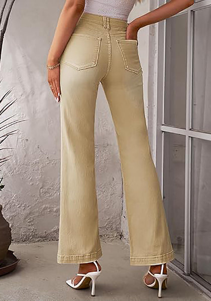 Pale Khaki Mid-Waisted Stretchable Straight Leg Denim Jeans