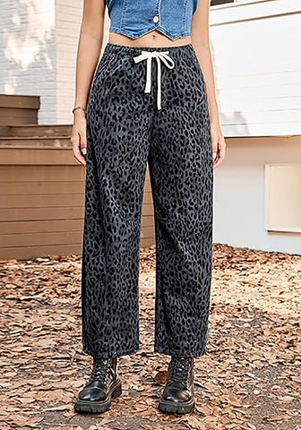 Women's Leopard Print Wide Leg Pants with Drawstring Elastic Waist Casual Loose Trousers for Summer Lounge & Vacation