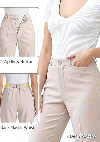 LookbookStore Women Peach Gray Ankle Straight Leg Dress Pants, Elastic Waist Business Casual Office Work Trousers with Pockets