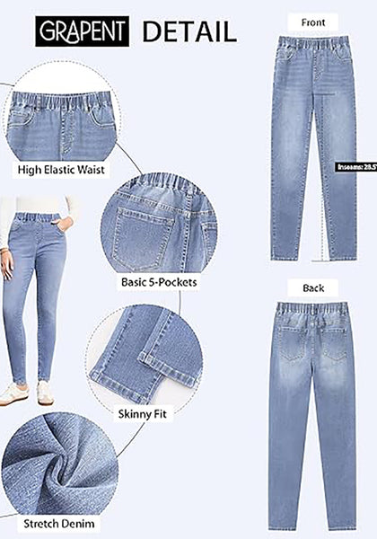 Lakeside Blue High Waist Skinny Jeans with Elastic Waistband for Women Stretch Denim Functional Pockets Comfort Fit Jeggings