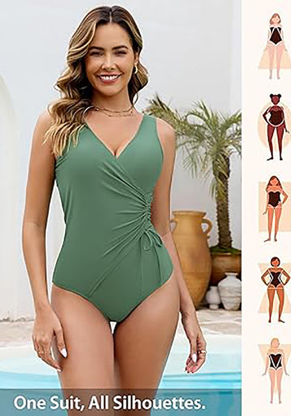 Women One Piece Swimsuit V Neck Wrap Design Side Drawstring Ruched Sleeveless Tank Swimwear
