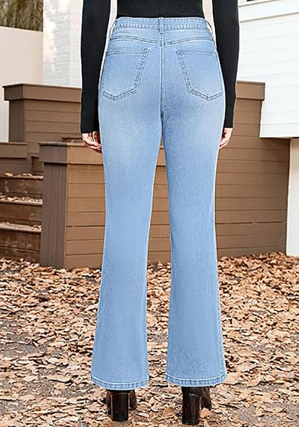 Lakeside Blue Women's High Waisted Flared Jeans Rhinestone Side Stripes Comfort Stretch Functional Pockets