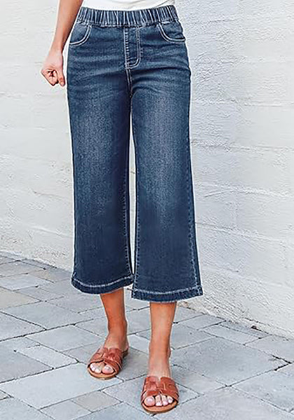 Nightfall Dark Wash Women's Denim Capri Elastic Waist High Waist Pant Pocket