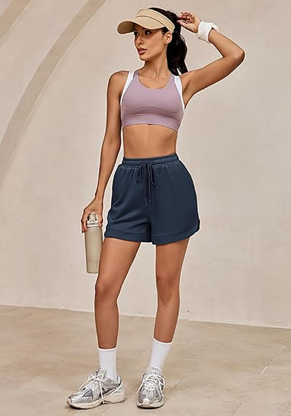 LookbookStore Women's Navy Blue High Waisted Elastic Waist Sweat Shorts Loose Fit Comfy Casual Summer Athleisure Shorts