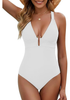 LookbookStore One Piece White Swimsuits for Women Adjustable Straps V Neck Gold Accent Detail Padded Bathing Suits