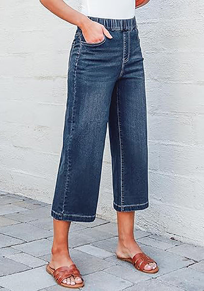 Nightfall Dark Wash Women's Denim Capri Elastic Waist High Waist Pant Pocket