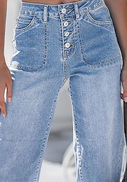 Women's High Waisted Multi Button Wide Leg Denim Jeans Casual Relaxed Daily Wear Functional Pockets
