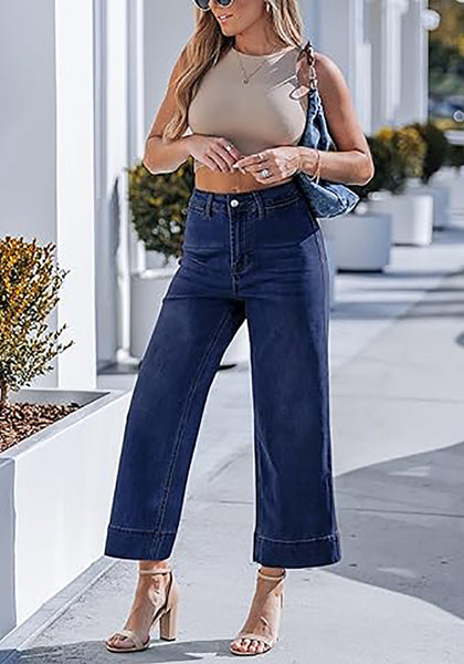 Women's High Waisted Wide Leg Cropped Denim Pants Rolled Cuff Casual Daily Wear Versatile Styling