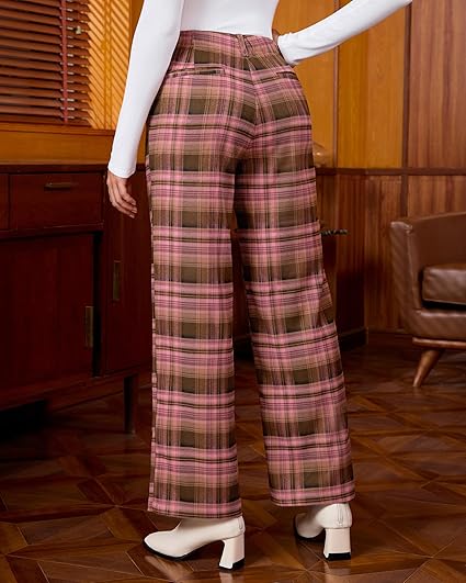 Brown & Pink Plaid Palazzo Pants Women High Waist Wide Leg Trousers with Pockets Comfort Fall Winter Vintage Office