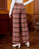 Brown & Pink Plaid Palazzo Pants Women High Waist Wide Leg Trousers with Pockets Comfort Fall Winter Vintage Office