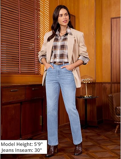 Lakeside Blue High Waist Denim Pants Straight Leg Comfort Stretch Jeans Full Length Jeans with Pockets Casual