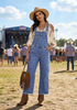 LookbookStore Women's Heart Medium Blue Embroidered Denim Overalls, Loose Fit Wide Leg Capri Bib Overall, Stretchy Raw Hem Summer Jean Jumpsuit