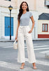 Cream White Cropped Wide Leg High Waisted Drawstring Denim Jeans For Women