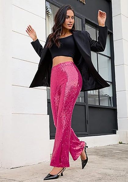 Women's High Shine Wide Leg Trousers Glitter Sequin Evening Pants Clubwear High Waist Glam