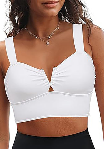 White Bikini Tops for Women's Midkini Padded Ruffle V-Neck Swimwear Tankini Top