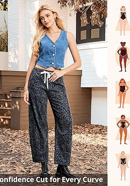 Women's Leopard Print Wide Leg Pants with Drawstring Elastic Waist Casual Loose Trousers for Summer Lounge & Vacation