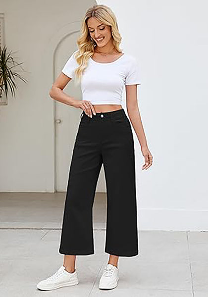 True Black Women's High Waisted Wide Leg Denim Cropped Jean Pants for Curvy