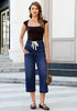 Casual Capri Jeans for Women Wide Leg Elastic Drawstring Waist Cropped Denim Trousers
