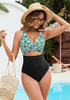 LookbookStore Women's Black Green FloralV Neck Block One Piece Swimsuit with Cut Out & Ruched High Waist