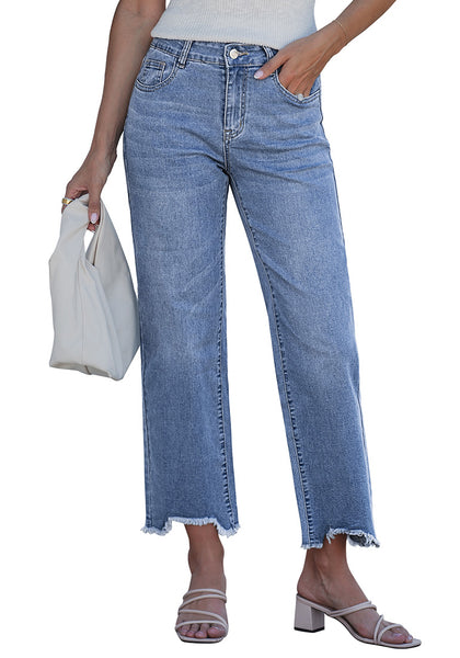 LookbookStore Women's Roadknight Blue Mid Rise Straight Leg Cropped Jeans Baggy Loose Distressed Raw Hem Stretchy Denim Pants