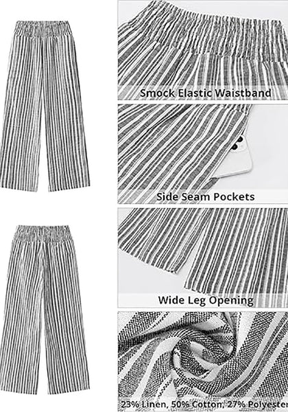Women’s Striped Wide Leg Pants Causal Elastic High Waist Full Length Trousers with Pockets