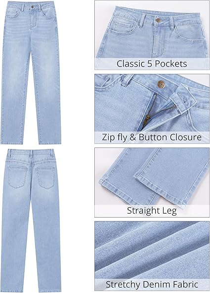Lakeside Blue High Waist Denim Pants Straight Leg Comfort Stretch Jeans Full Length Jeans with Pockets Casual