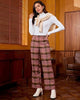 Brown & Pink Plaid Palazzo Pants Women High Waist Wide Leg Trousers with Pockets Comfort Fall Winter Vintage Office