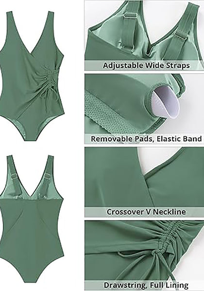 Women One Piece Swimsuit V Neck Wrap Design Side Drawstring Ruched Sleeveless Tank Swimwear