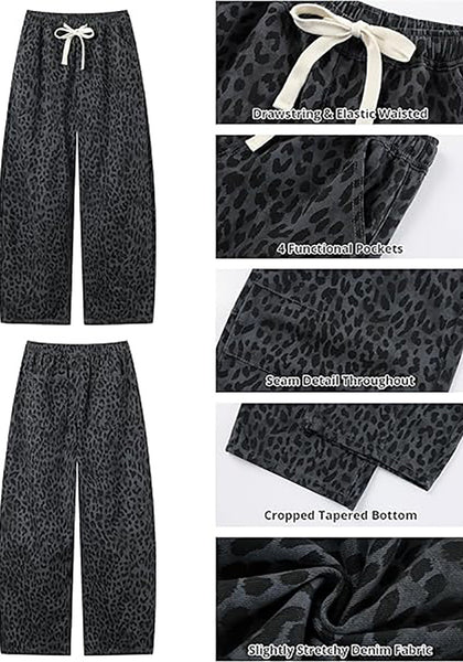 Women's Leopard Print Wide Leg Pants with Drawstring Elastic Waist Casual Loose Trousers for Summer Lounge & Vacation