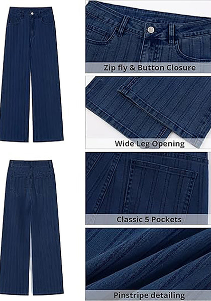 High Waisted Striped Wide Leg Jeans for Women Vintage Denim Loose Fit Casual Pants