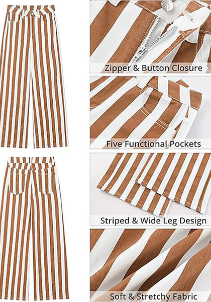 Women's Fashion High Waist Wide Leg Loose Fit Brown White Striped Denim Jeans
