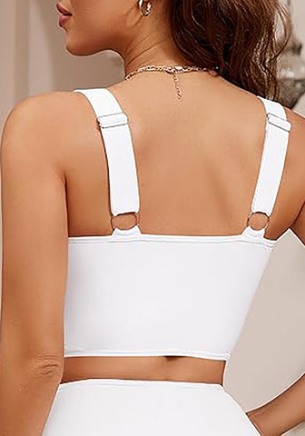 White Bikini Tops for Women's Midkini Padded Ruffle V-Neck Swimwear Tankini Top