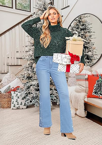 Lakeside Blue Women's High Waisted Flared Jeans Rhinestone Side Stripes Comfort Stretch Functional Pockets