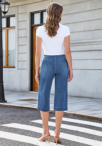 LookbookStore Women's Medium Blue High Waisted Wide Leg Capri Pants Stretchy Denim Jeans Side Seam Design Casual Summer Trendy Style