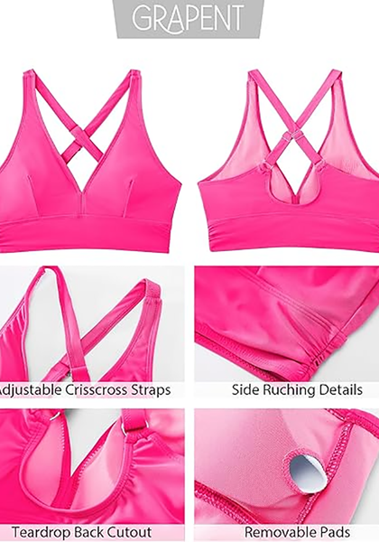 LookbookStore Women's Neon Pink V Neck Ruched Criss Cross Padded Bikini Top Modest Cute Swim Top for Beach Vacation