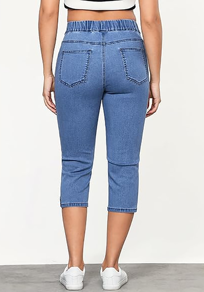 LookbookStore Timeless Blue Women's Denim Elastic Waist Pocket Regular Skinny Slim Straight Slims Classic Capri Jeans