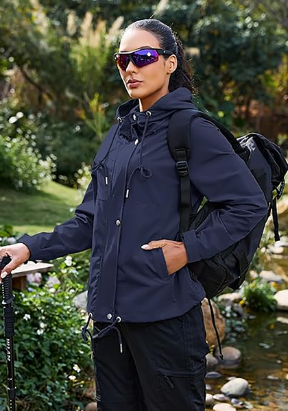 LookbookStore Women Navy Blue Waterproof Lightweight Rain Jacket Hooded Windbreaker Drawstring Zip Rain Coat for Hiking Outdoor Travel