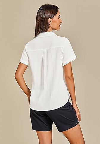 White for Women's Lapel Button Front Short Sleeve Top Casual Blouse Button-Down Shirt