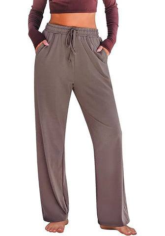 Mocha Women's Casual Elastic Waist Full Length Relaxed Fit Stretch Wide Leg Pants Side Pocket