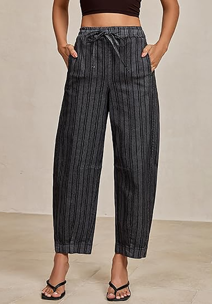 LookbookStore Women's Foxy Gray Stripe Cropped Barrel Jeans High Waist Elastic Pull On Wide Leg Casual Stretch Denim Pants