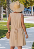 LookbookStore Women's Almond Knee Length Linen Dress – Sleeveless V Neck Button Down, Self Tie Waist & Side Pockets