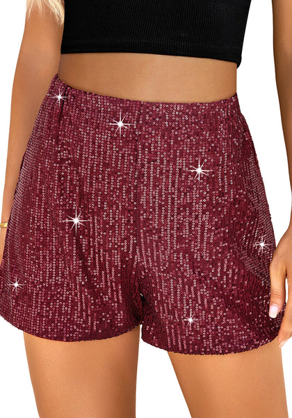 Wine Red Women's High Waisted Stretchy Glitter Sparkly Short Party Outfits