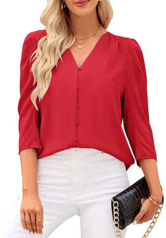 True Red Women's Casual Office Outfit 3/4 Puff Sleeve Button-Down Shirts