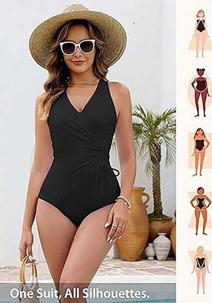 Women One Piece Swimsuit V Neck Wrap Design Side Drawstring Ruched Sleeveless Tank Swimwear