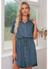 Vintage Blue Elastic Waist Curved Hem Button Down Denim Shirt Dress