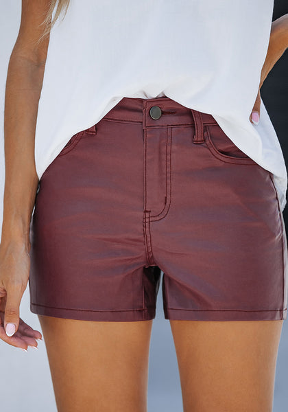 Burgundy Women's Comfy High Waisted Stretchy Faux Leather Denim Pants Shorts